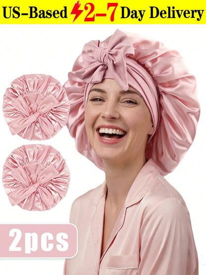 2pcs Satin Sleeping Bonnet For Women, Large Silk Sleep Cap With Long Strap, Adjustable Sleep Cap Hair Bonnet For Women & Men, Satin Hair Cap, Lightweight Wide Brim High Elasticity Cap, High-End Satin