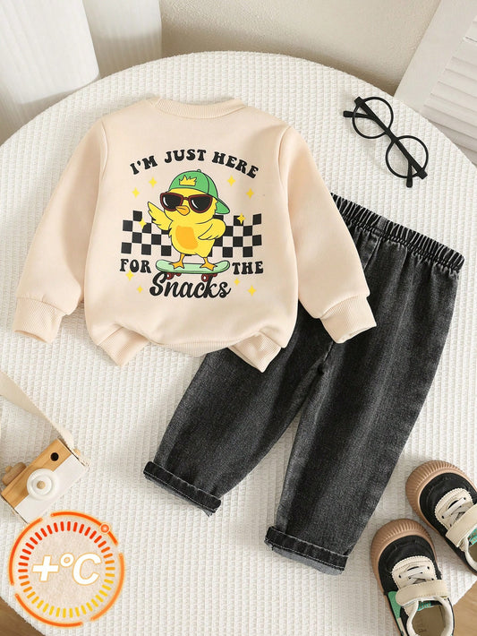 2pcs/Set Baby Boy Autumn/Winter Casual Cute Sweatshirt And Black Denim Jeans Outfit, Sweatshirt Set, Cute Outfit, Denim Set