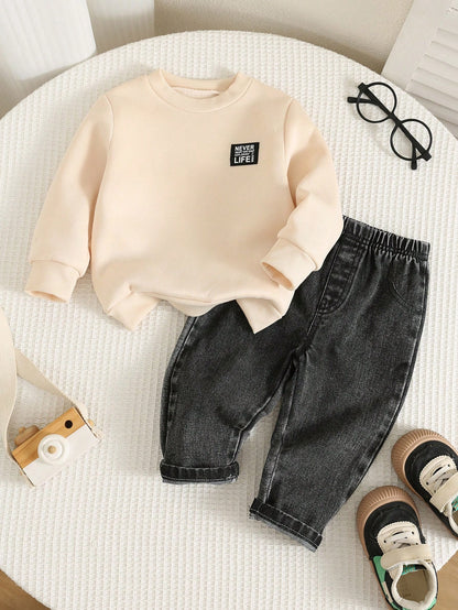2pcs/Set Baby Boy Autumn/Winter Casual Cute Sweatshirt And Black Denim Jeans Outfit, Sweatshirt Set, Cute Outfit, Denim Set