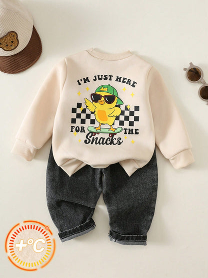 2pcs/Set Baby Boy Autumn/Winter Casual Cute Sweatshirt And Black Denim Jeans Outfit, Sweatshirt Set, Cute Outfit, Denim Set