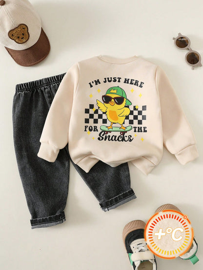 2pcs/Set Baby Boy Autumn/Winter Casual Cute Sweatshirt And Black Denim Jeans Outfit, Sweatshirt Set, Cute Outfit, Denim Set