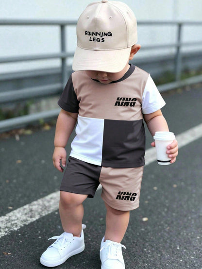 2pcs/Set Baby Boy KING Letter Graphic Color Block T-Shirt Shorts,Beige Black Stripe,Summer,Street Life Casual Cow Boy Athletic Graphic Fashion,Beach