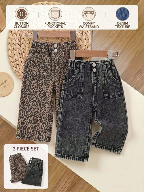 2pcs/Set Baby Girl Playful Cute Soft Leopard And Black Denim Loose Baggy Jeans, Fall/Winter, Back-To-School