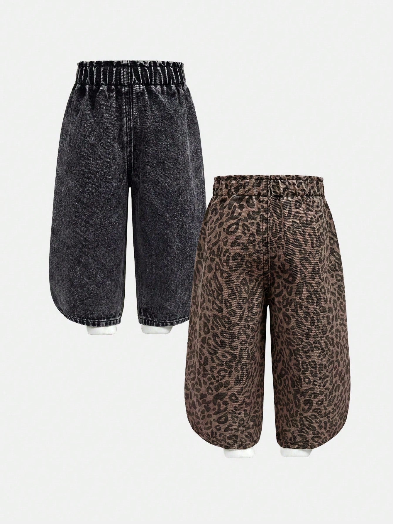 2pcs/Set Baby Girl Playful Cute Soft Leopard And Black Denim Loose Baggy Jeans, Fall/Winter, Back-To-School