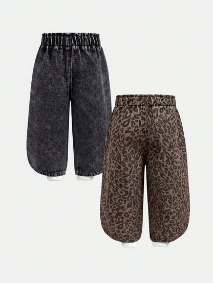 2pcs/Set Baby Girl Playful Cute Soft Leopard And Black Denim Loose Baggy Jeans, Fall/Winter, Back-To-School