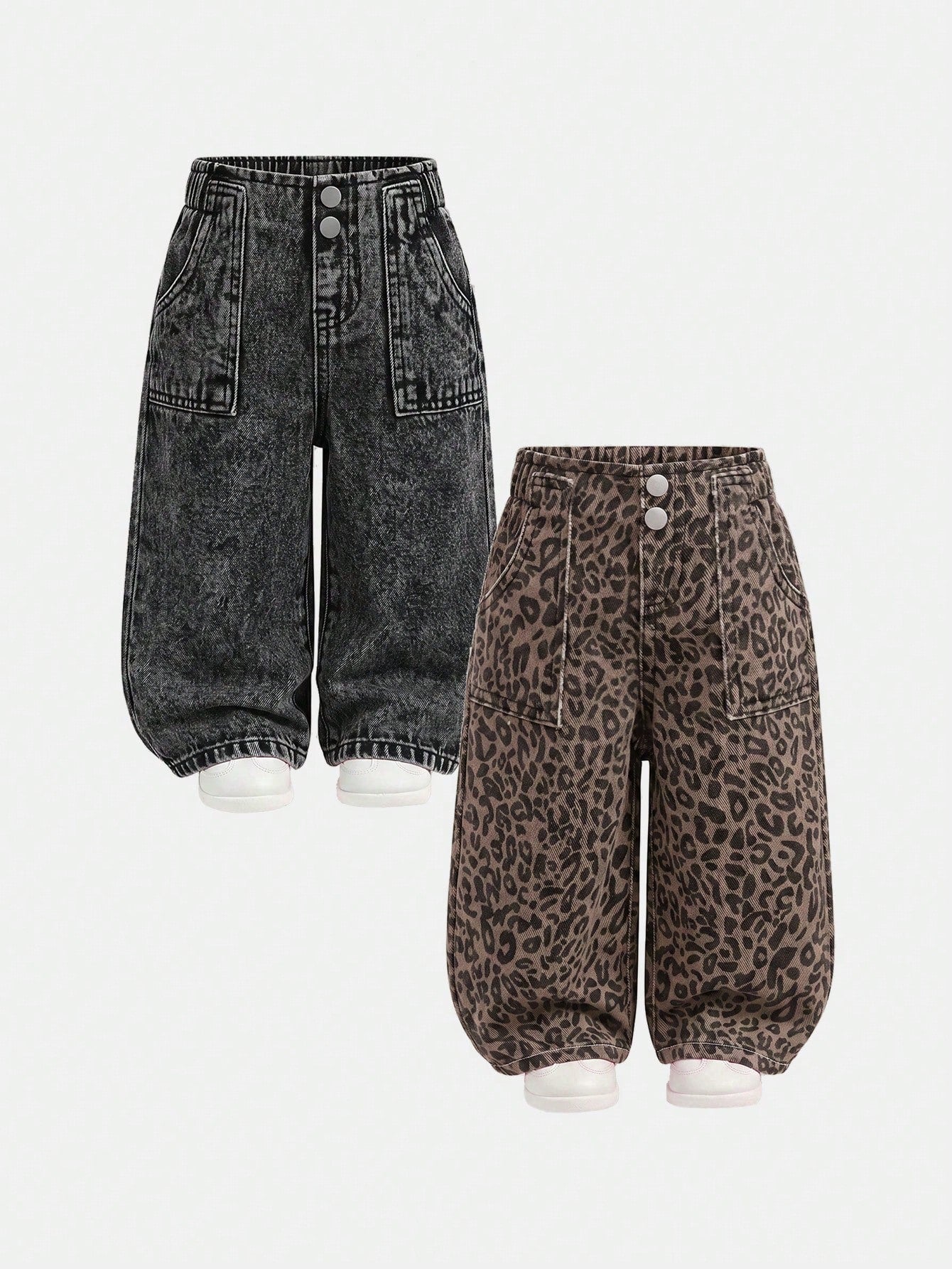 2pcs/Set Baby Girl Playful Cute Soft Leopard And Black Denim Loose Baggy Jeans, Fall/Winter, Back-To-School