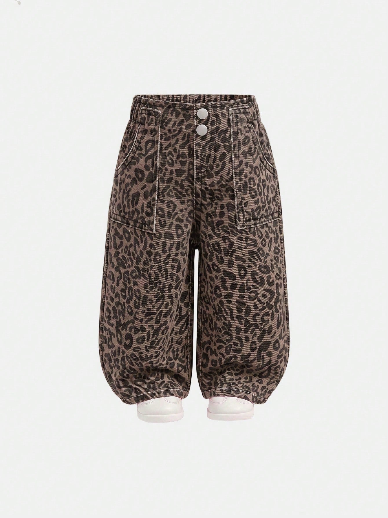 2pcs/Set Baby Girl Playful Cute Soft Leopard And Black Denim Loose Baggy Jeans, Fall/Winter, Back-To-School