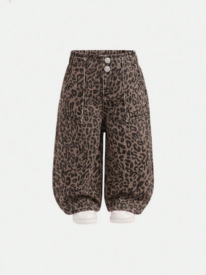 2pcs/Set Baby Girl Playful Cute Soft Leopard And Black Denim Loose Baggy Jeans, Fall/Winter, Back-To-School