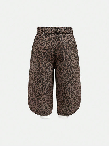 2pcs/Set Baby Girl Playful Cute Soft Leopard And Black Denim Loose Baggy Jeans, Fall/Winter, Back-To-School