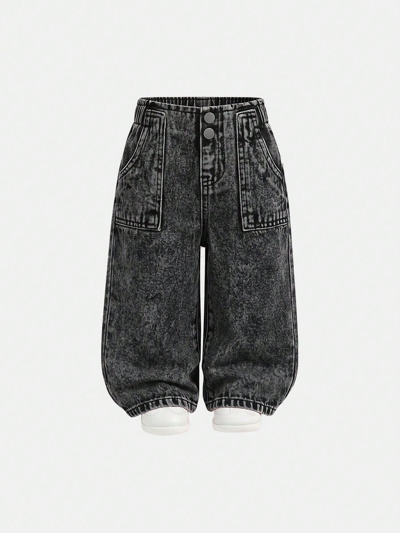 2pcs/Set Baby Girl Playful Cute Soft Leopard And Black Denim Loose Baggy Jeans, Fall/Winter, Back-To-School