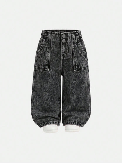 2pcs/Set Baby Girl Playful Cute Soft Leopard And Black Denim Loose Baggy Jeans, Fall/Winter, Back-To-School