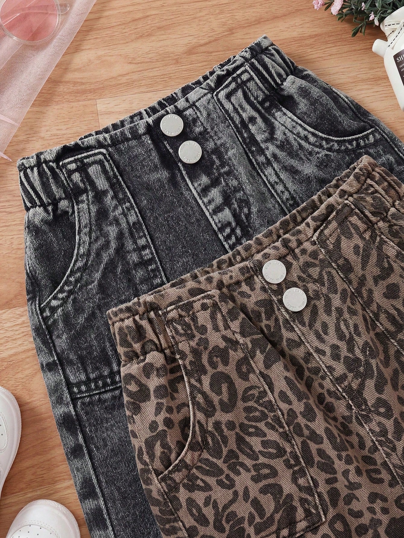 2pcs/Set Baby Girl Playful Cute Soft Leopard And Black Denim Loose Baggy Jeans, Fall/Winter, Back-To-School