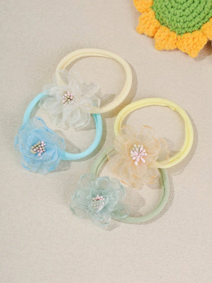 2pcs/Set Cute Rose Flower Bow Hair Accessories For Baby Girls, Soft Comfortable Elastic Nylon Thin Headband (Without Card)