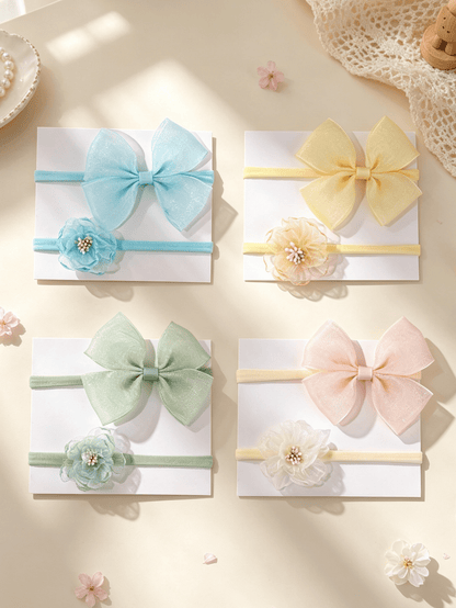 2pcs/Set Cute Rose Flower Bow Hair Accessories For Baby Girls, Soft Comfortable Elastic Nylon Thin Headband (Without Card)