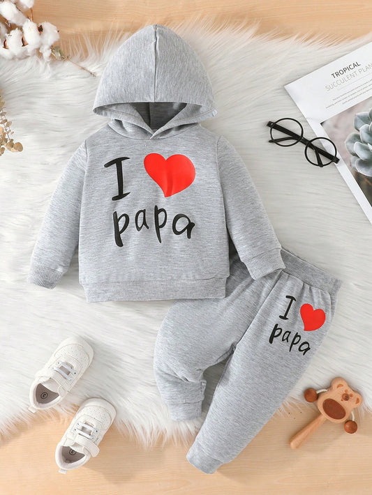 2pcs/Set Infant Toddler Fashion Casual Spring/Autumn New Valentine's Day Heart Pattern Long Sleeve Hooded Sweatshirt + Long Pants Outfit