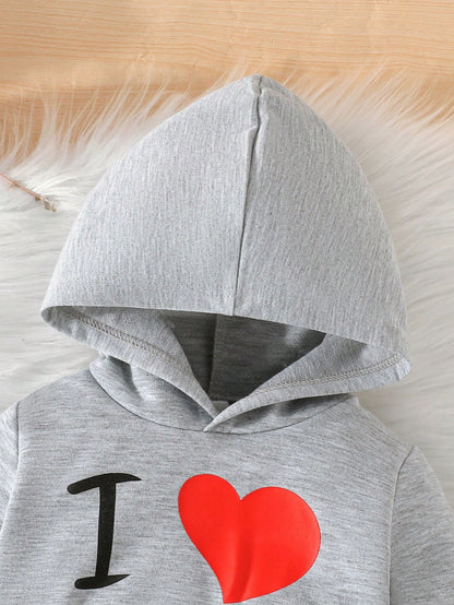2pcs/Set Infant Toddler Fashion Casual Spring/Autumn New Valentine's Day Heart Pattern Long Sleeve Hooded Sweatshirt + Long Pants Outfit