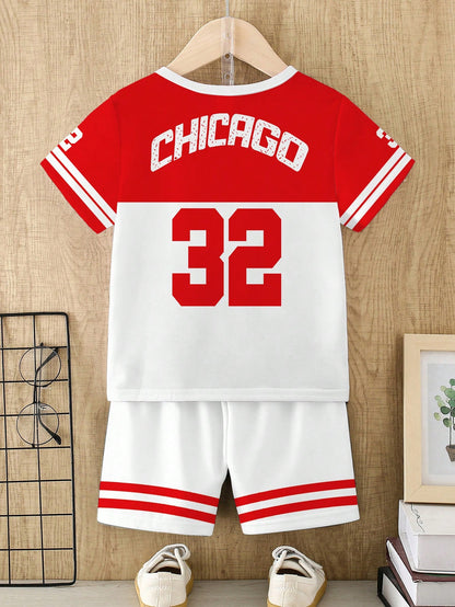 2pcs/Set Kids Summer Red And White Stripe Digit Print Short Sleeve Shirt Shorts Outfit Street Life Casual Cow Boy Spanish Graphic Street Fashion Beach
