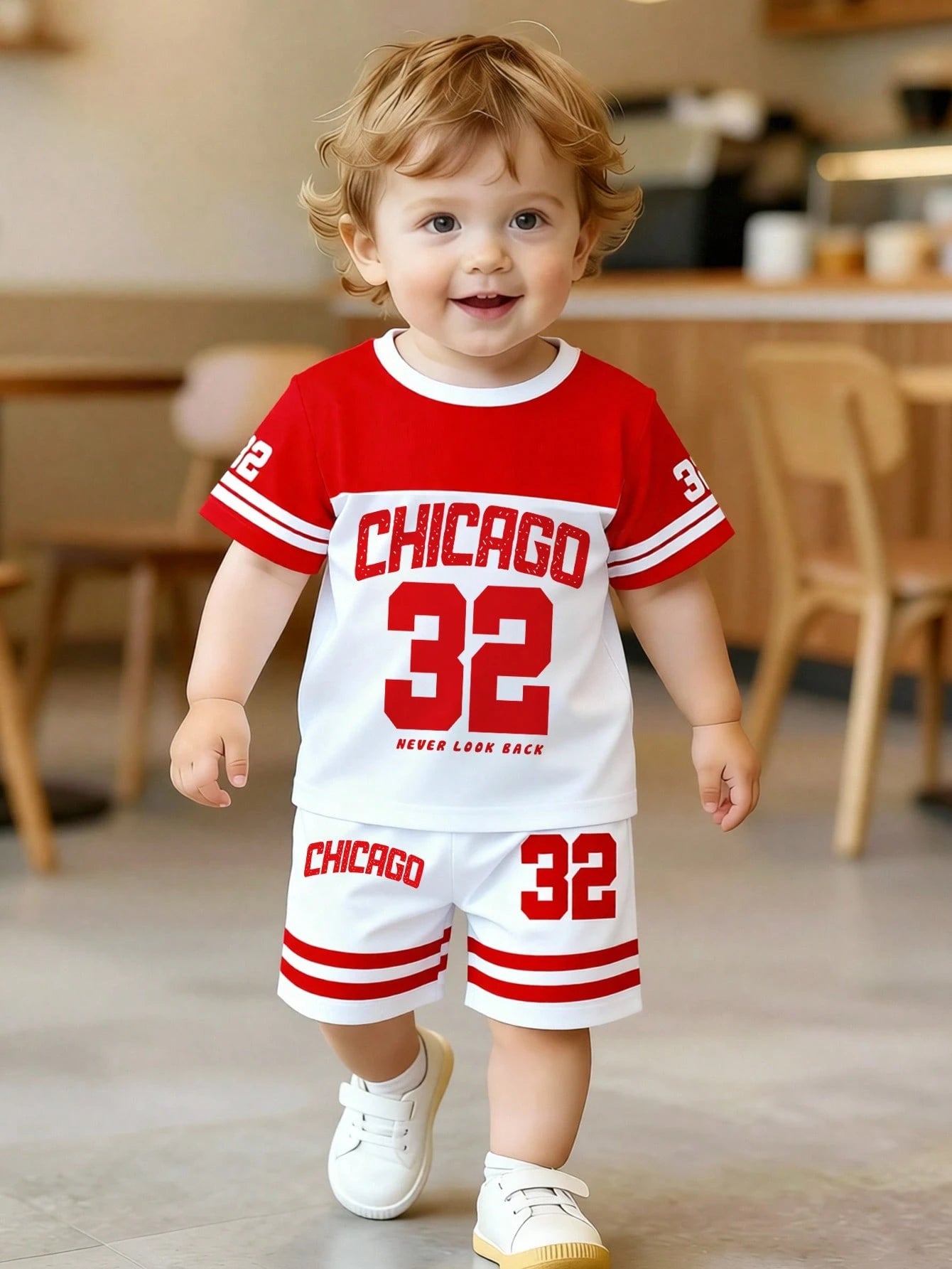 2pcs/Set Kids Summer Red And White Stripe Digit Print Short Sleeve Shirt Shorts Outfit Street Life Casual Cow Boy Spanish Graphic Street Fashion Beach
