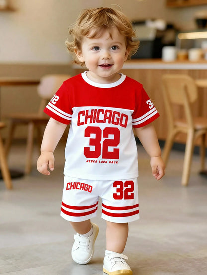 2pcs/Set Kids Summer Red And White Stripe Digit Print Short Sleeve Shirt Shorts Outfit Street Life Casual Cow Boy Spanish Graphic Street Fashion Beach