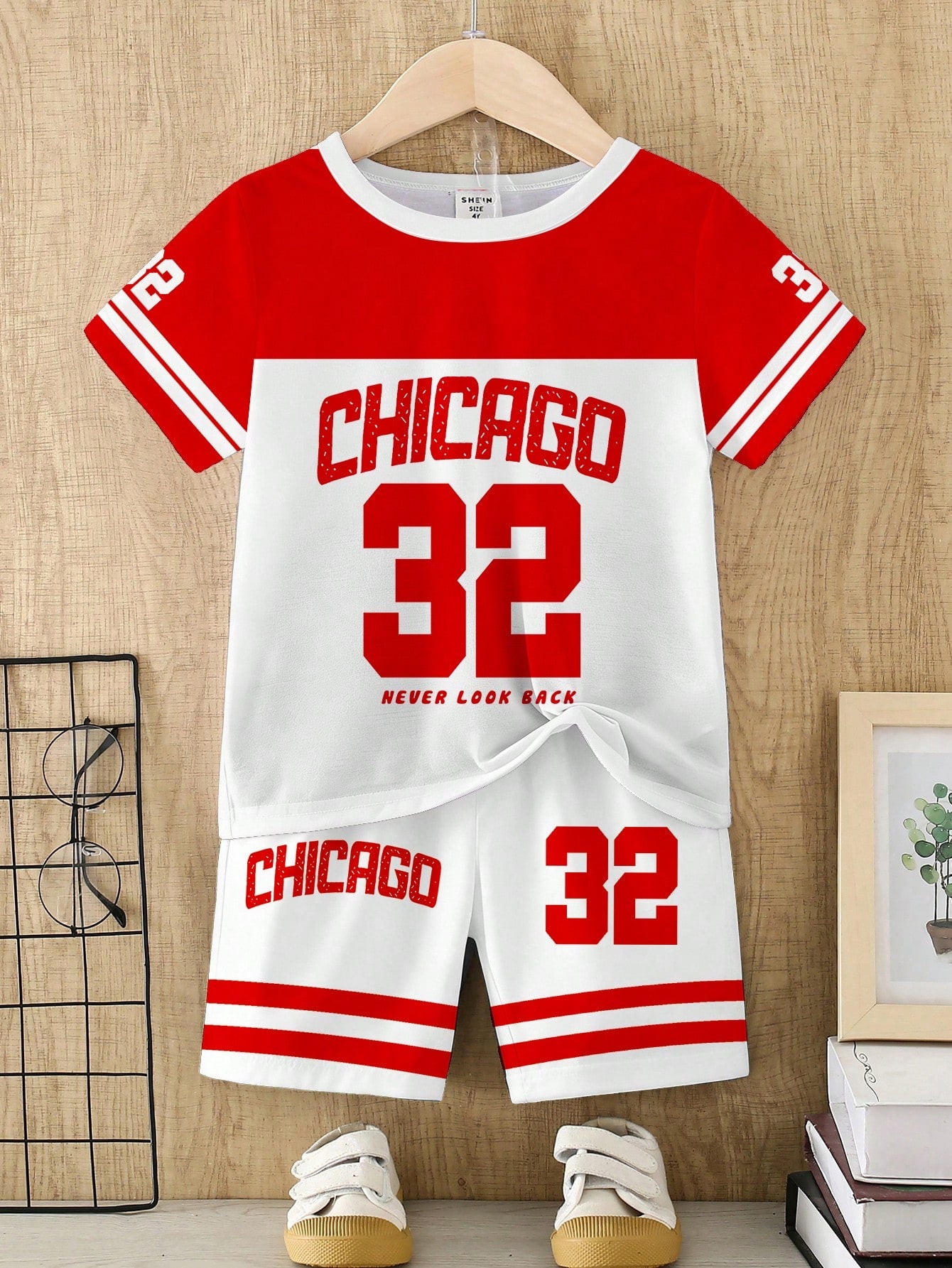 2pcs/Set Kids Summer Red And White Stripe Digit Print Short Sleeve Shirt Shorts Outfit Street Life Casual Cow Boy Spanish Graphic Street Fashion Beach