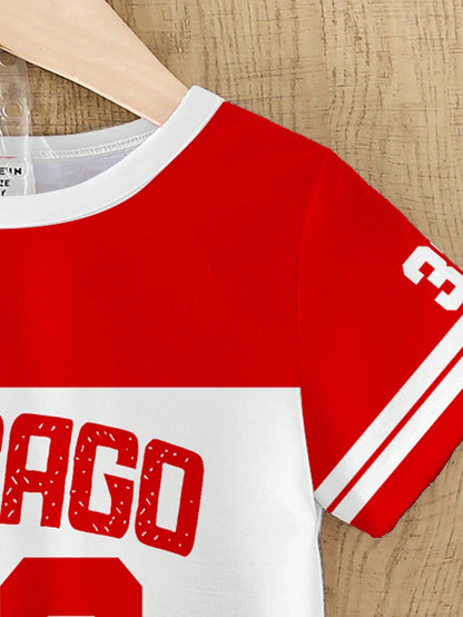 2pcs/Set Kids Summer Red And White Stripe Digit Print Short Sleeve Shirt Shorts Outfit Street Life Casual Cow Boy Spanish Graphic Street Fashion Beach