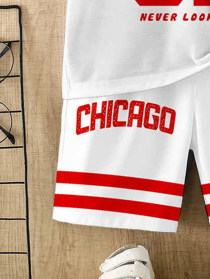 2pcs/Set Kids Summer Red And White Stripe Digit Print Short Sleeve Shirt Shorts Outfit Street Life Casual Cow Boy Spanish Graphic Street Fashion Beach