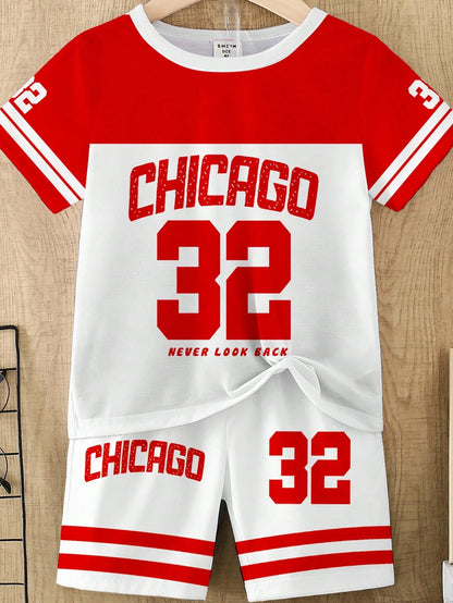 2pcs/Set Kids Summer Red And White Stripe Digit Print Short Sleeve Shirt Shorts Outfit Street Life Casual Cow Boy Spanish Graphic Street Fashion Beach