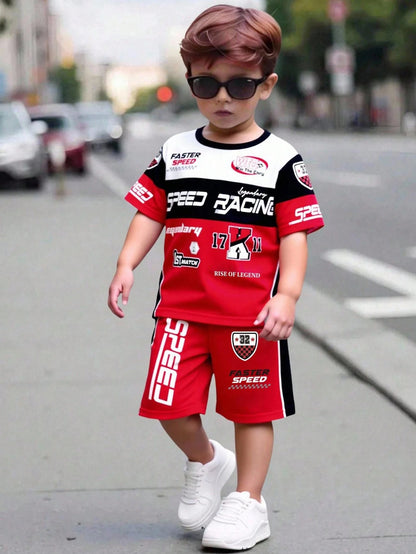 2pcs/Set Kids Summer Red And White Stripe Digit Print Short Sleeve Shirt Shorts Outfit Street Life Casual Cow Boy Spanish Graphic Street Fashion Beach