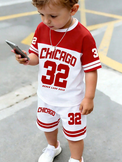 2pcs/Set Kids Summer Red And White Stripe Digit Print Short Sleeve Shirt Shorts Outfit Street Life Casual Cow Boy Spanish Graphic Street Fashion Beach