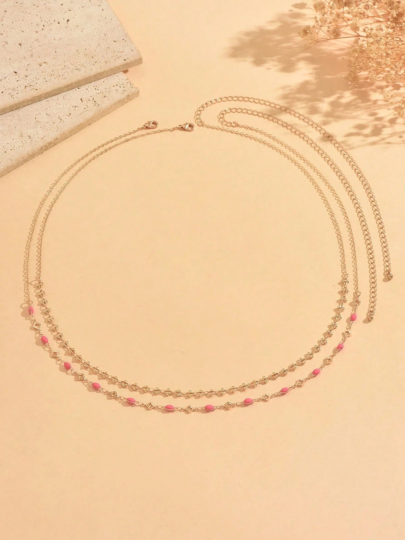 2pcs/Set Minimalist Casual Pink Enamel Water Drop & Four-Leaf Clover With Gold Handmade Chain Waist Chain, Elegant Versatile Women's Waist Accessory For Daily Wear, Date, Vacation And Party, Handmade