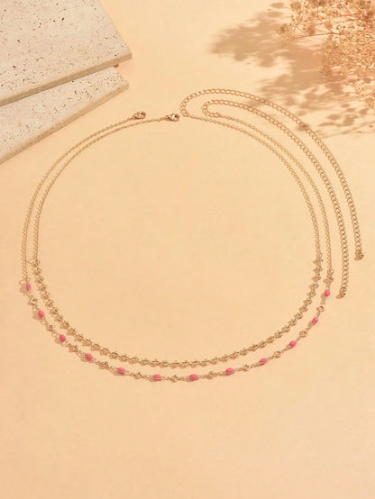 2pcs/Set Minimalist Casual Pink Enamel Water Drop & Four-Leaf Clover With Gold Handmade Chain Waist Chain, Elegant Versatile Women's Waist Accessory For Daily Wear, Date, Vacation And Party, Handmade