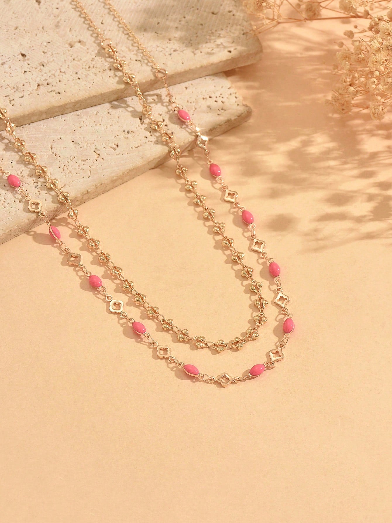 2pcs/Set Minimalist Casual Pink Enamel Water Drop & Four-Leaf Clover With Gold Handmade Chain Waist Chain, Elegant Versatile Women's Waist Accessory For Daily Wear, Date, Vacation And Party, Handmade