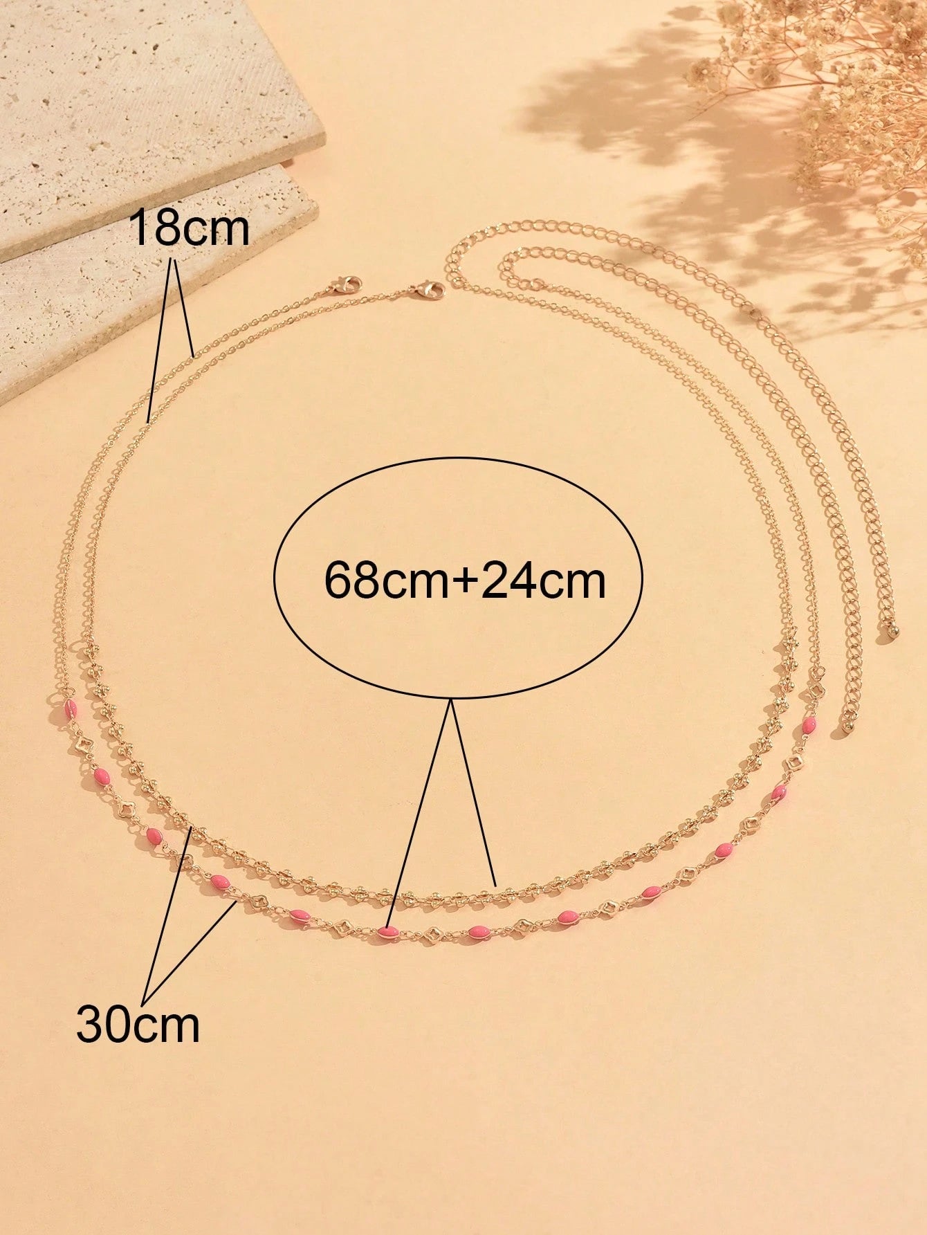 2pcs/Set Minimalist Casual Pink Enamel Water Drop & Four-Leaf Clover With Gold Handmade Chain Waist Chain, Elegant Versatile Women's Waist Accessory For Daily Wear, Date, Vacation And Party, Handmade
