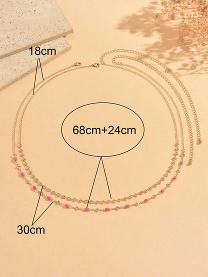2pcs/Set Minimalist Casual Pink Enamel Water Drop & Four-Leaf Clover With Gold Handmade Chain Waist Chain, Elegant Versatile Women's Waist Accessory For Daily Wear, Date, Vacation And Party, Handmade