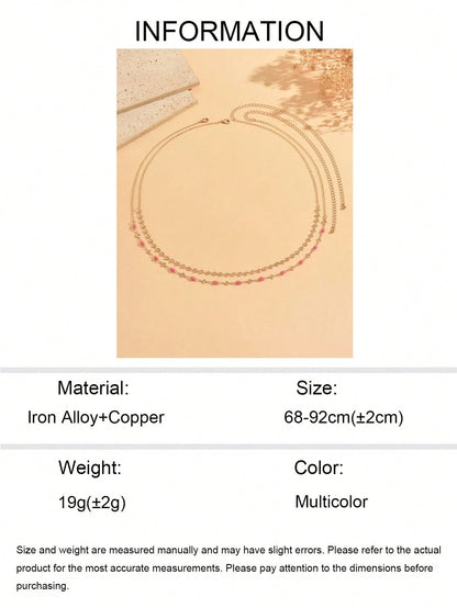 2pcs/Set Minimalist Casual Pink Enamel Water Drop & Four-Leaf Clover With Gold Handmade Chain Waist Chain, Elegant Versatile Women's Waist Accessory For Daily Wear, Date, Vacation And Party, Handmade