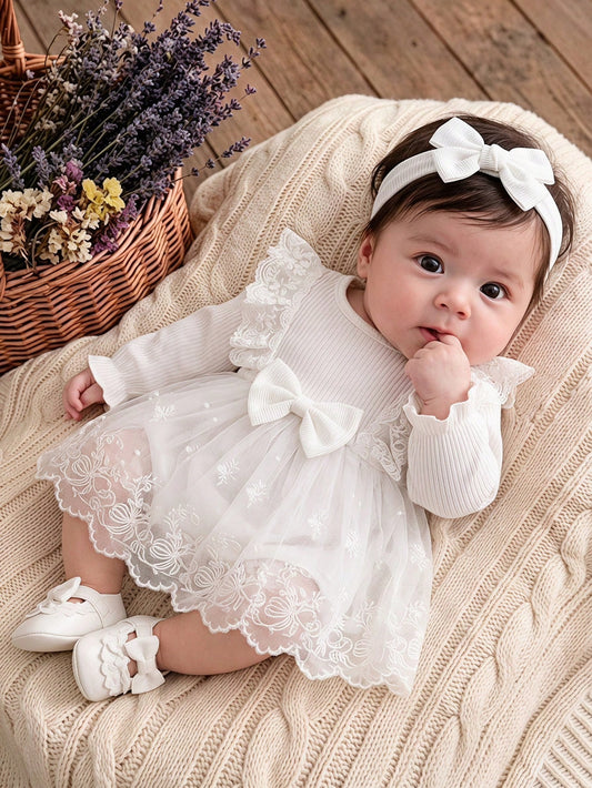 2pcs Set Newborn Spring/Autumn Pure White Sweet Princess Style Lace Trim Big Bow Mesh Embroidery Long Sleeve Dress 2-Piece Set, Loose Comfortable Fit, Suitable For Daily Outings, Full Moon Banqu