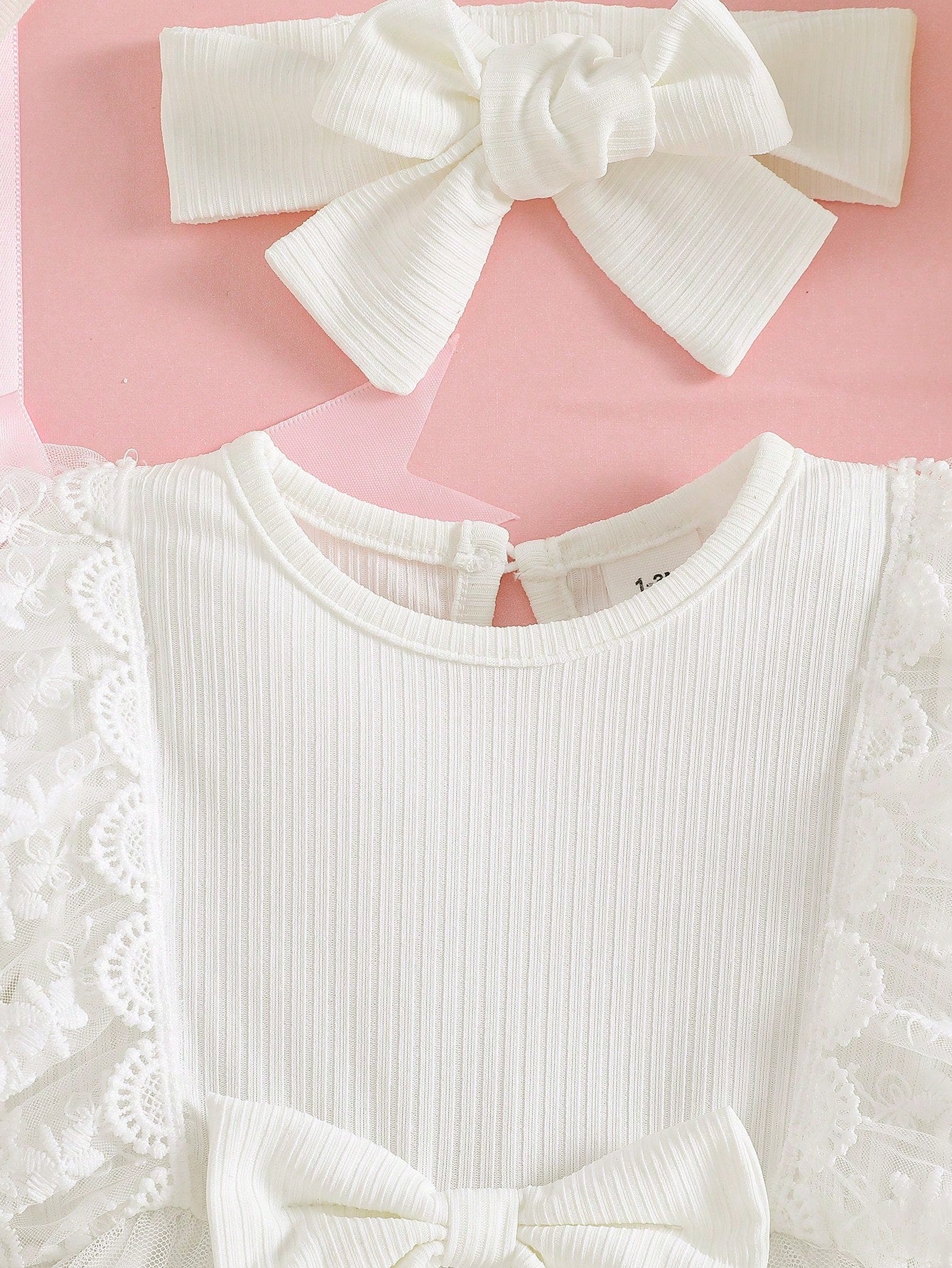 2pcs Set Newborn Spring/Autumn Pure White Sweet Princess Style Lace Trim Big Bow Mesh Embroidery Long Sleeve Dress 2-Piece Set, Loose Comfortable Fit, Suitable For Daily Outings, Full Moon Banqu