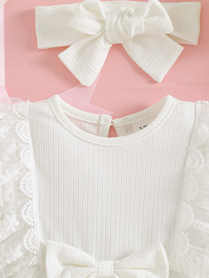 2pcs Set Newborn Spring/Autumn Pure White Sweet Princess Style Lace Trim Big Bow Mesh Embroidery Long Sleeve Dress 2-Piece Set, Loose Comfortable Fit, Suitable For Daily Outings, Full Moon Banqu