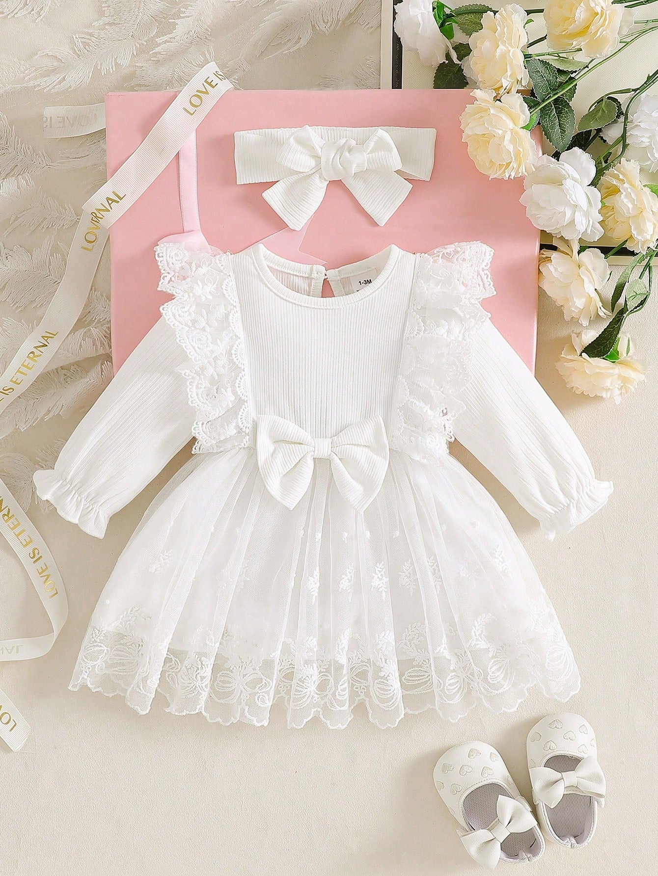 2pcs Set Newborn Spring/Autumn Pure White Sweet Princess Style Lace Trim Big Bow Mesh Embroidery Long Sleeve Dress 2-Piece Set, Loose Comfortable Fit, Suitable For Daily Outings, Full Moon Banqu