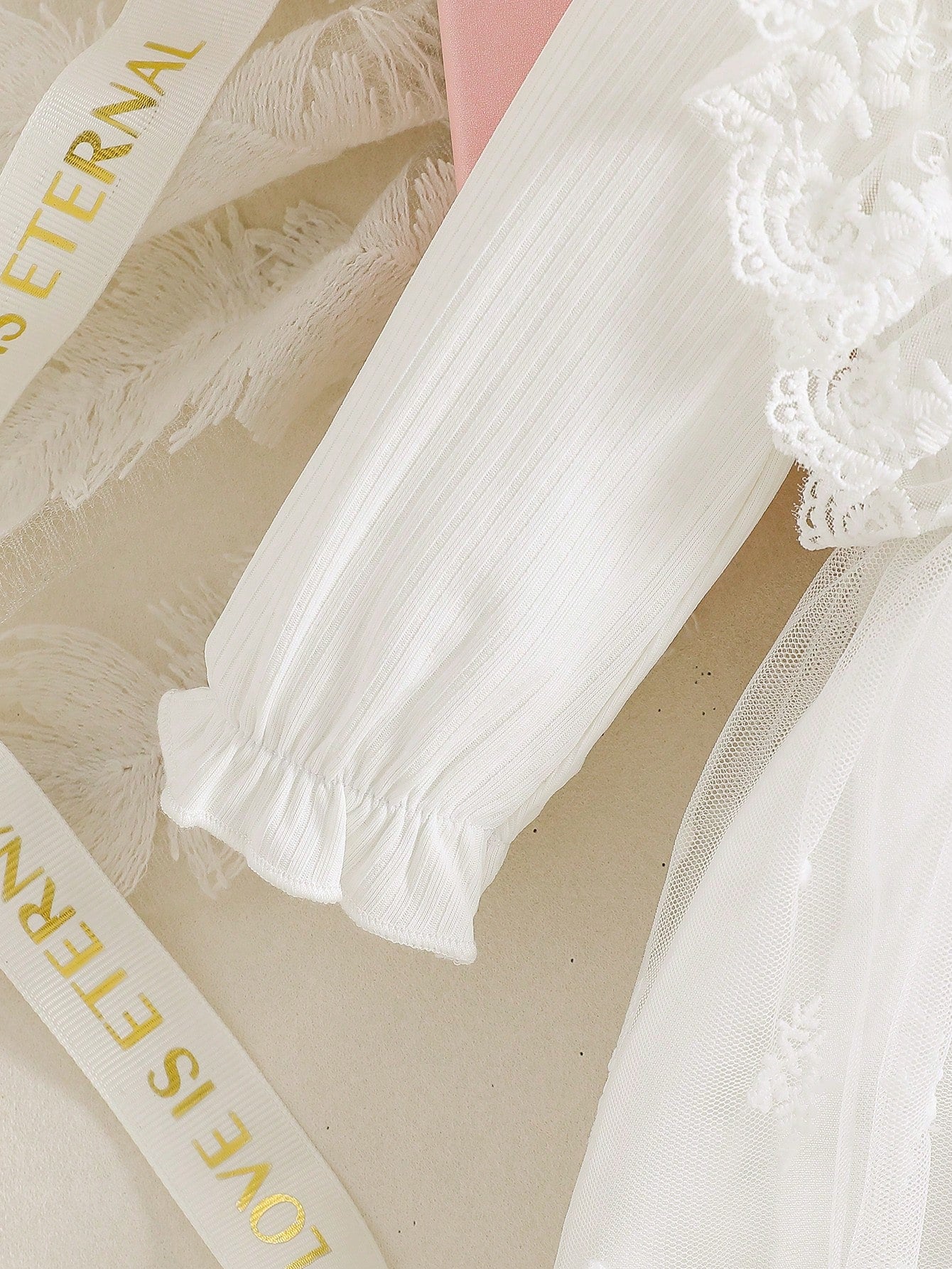 2pcs Set Newborn Spring/Autumn Pure White Sweet Princess Style Lace Trim Big Bow Mesh Embroidery Long Sleeve Dress 2-Piece Set, Loose Comfortable Fit, Suitable For Daily Outings, Full Moon Banqu