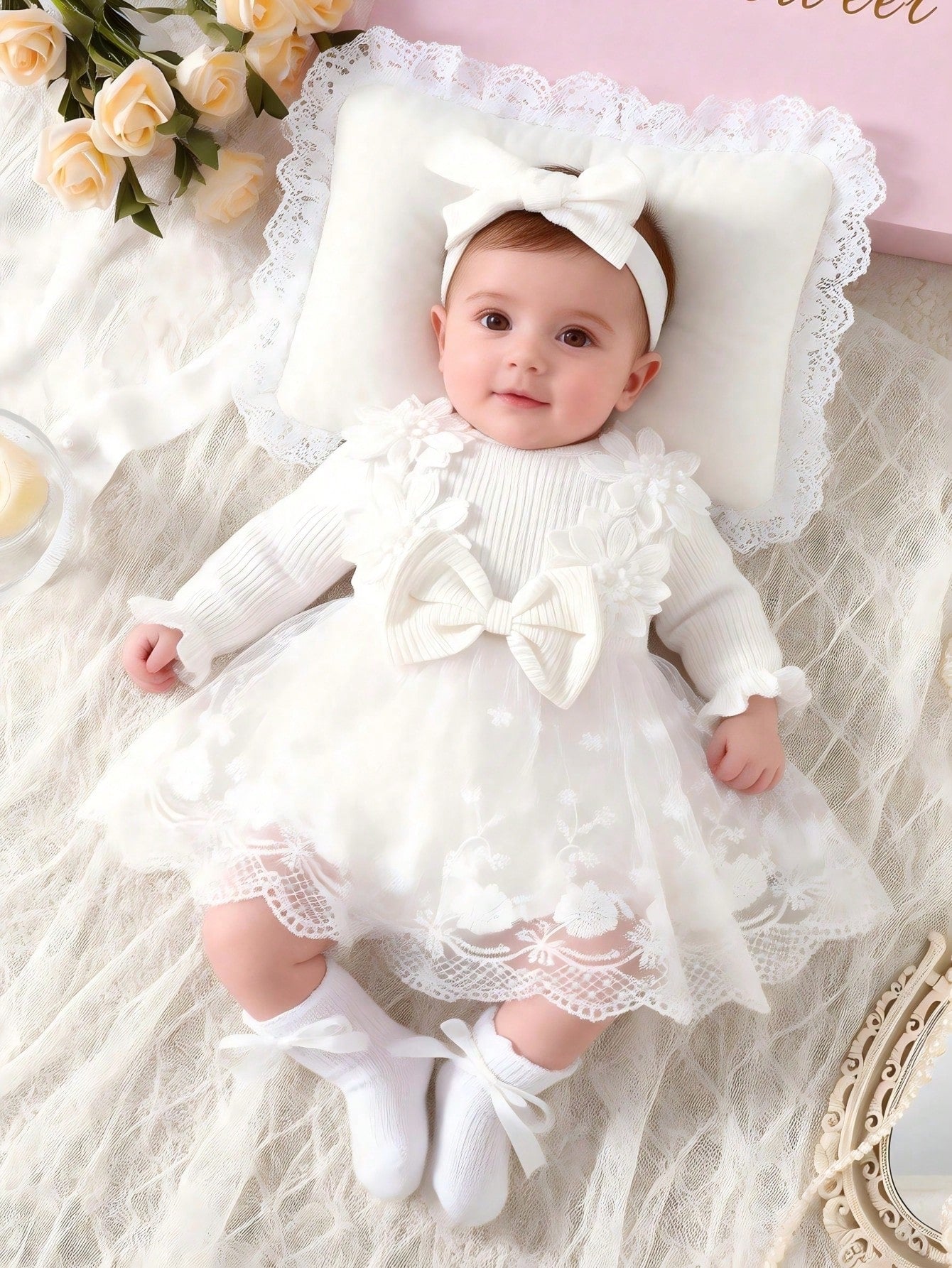 2pcs Set Newborn Spring/Autumn Pure White Sweet Princess Style Lace Trim Big Bow Mesh Embroidery Long Sleeve Dress 2-Piece Set, Loose Comfortable Fit, Suitable For Daily Outings, Full Moon Banqu