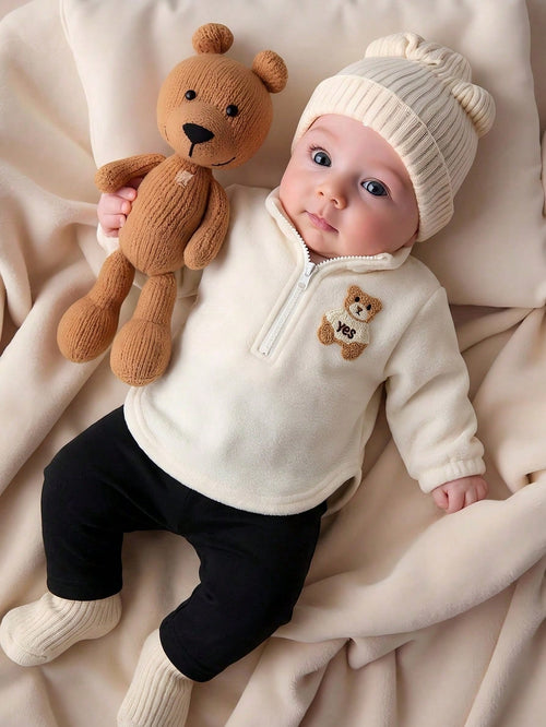 2pcs/Set Newborn White Semi-High Collar Long Sleeve Fleece Lined Thickened Zipper Bear Pullover Top + Black Elastic Waist Casual Long Pants, Vintage Minimalist Cute Fashion Korean Style Outfit