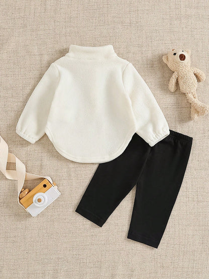 2pcs/Set Newborn White Semi-High Collar Long Sleeve Fleece Lined Thickened Zipper Bear Pullover Top + Black Elastic Waist Casual Long Pants, Vintage Minimalist Cute Fashion Korean Style Outfit