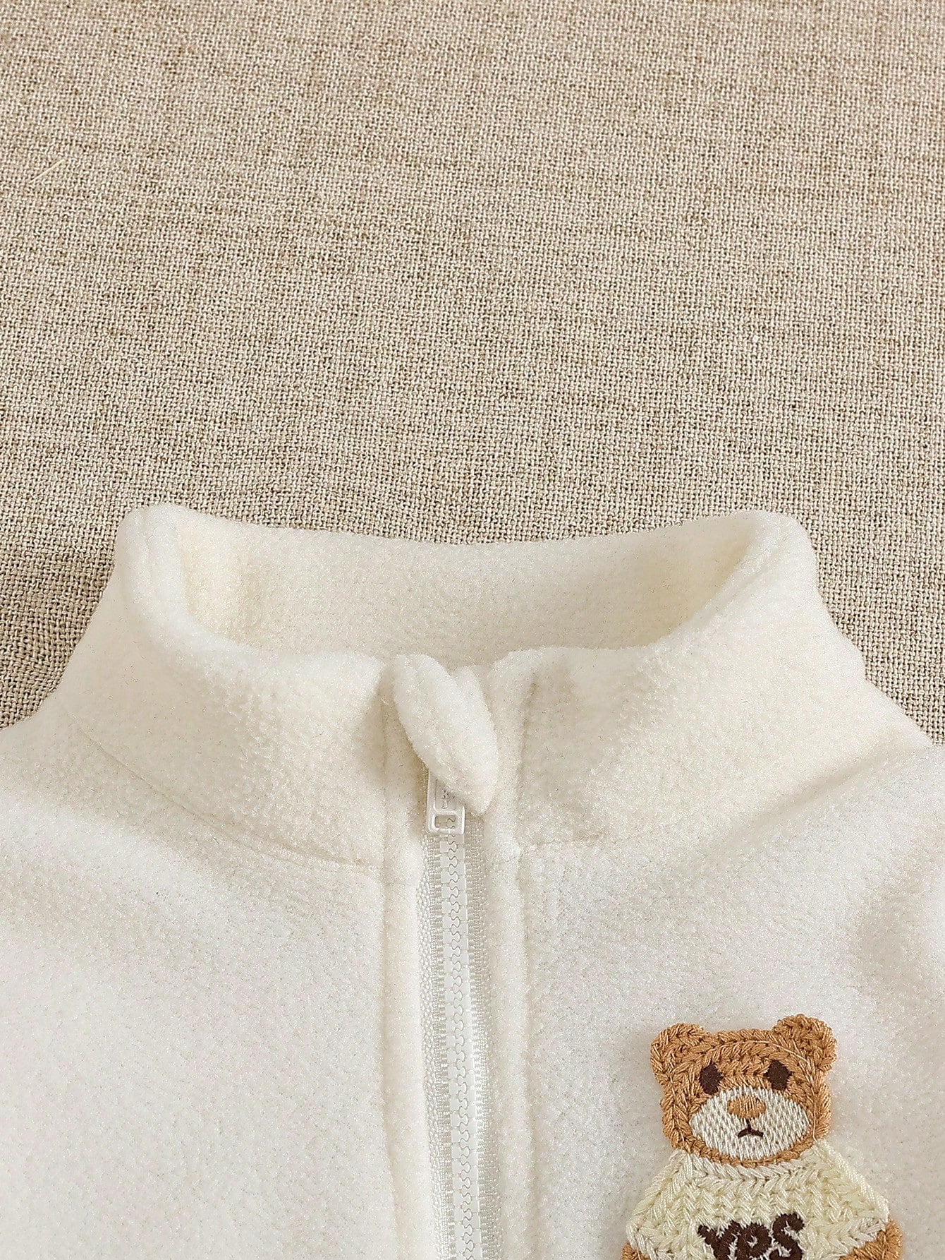 2pcs/Set Newborn White Semi-High Collar Long Sleeve Fleece Lined Thickened Zipper Bear Pullover Top + Black Elastic Waist Casual Long Pants, Vintage Minimalist Cute Fashion Korean Style Outfit