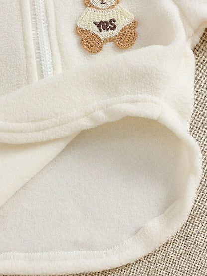 2pcs/Set Newborn White Semi-High Collar Long Sleeve Fleece Lined Thickened Zipper Bear Pullover Top + Black Elastic Waist Casual Long Pants, Vintage Minimalist Cute Fashion Korean Style Outfit