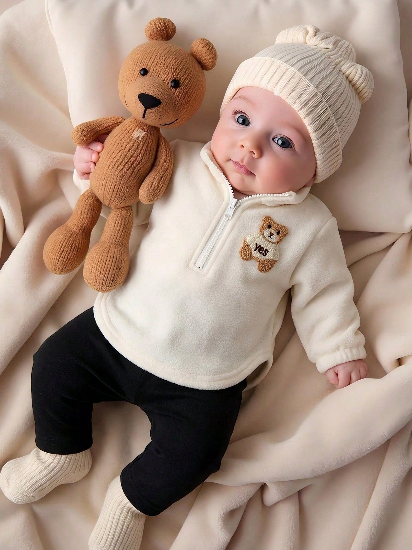 2pcs/Set Newborn White Semi-High Collar Long Sleeve Fleece Lined Thickened Zipper Bear Pullover Top + Black Elastic Waist Casual Long Pants, Vintage Minimalist Cute Fashion Korean Style Outfit