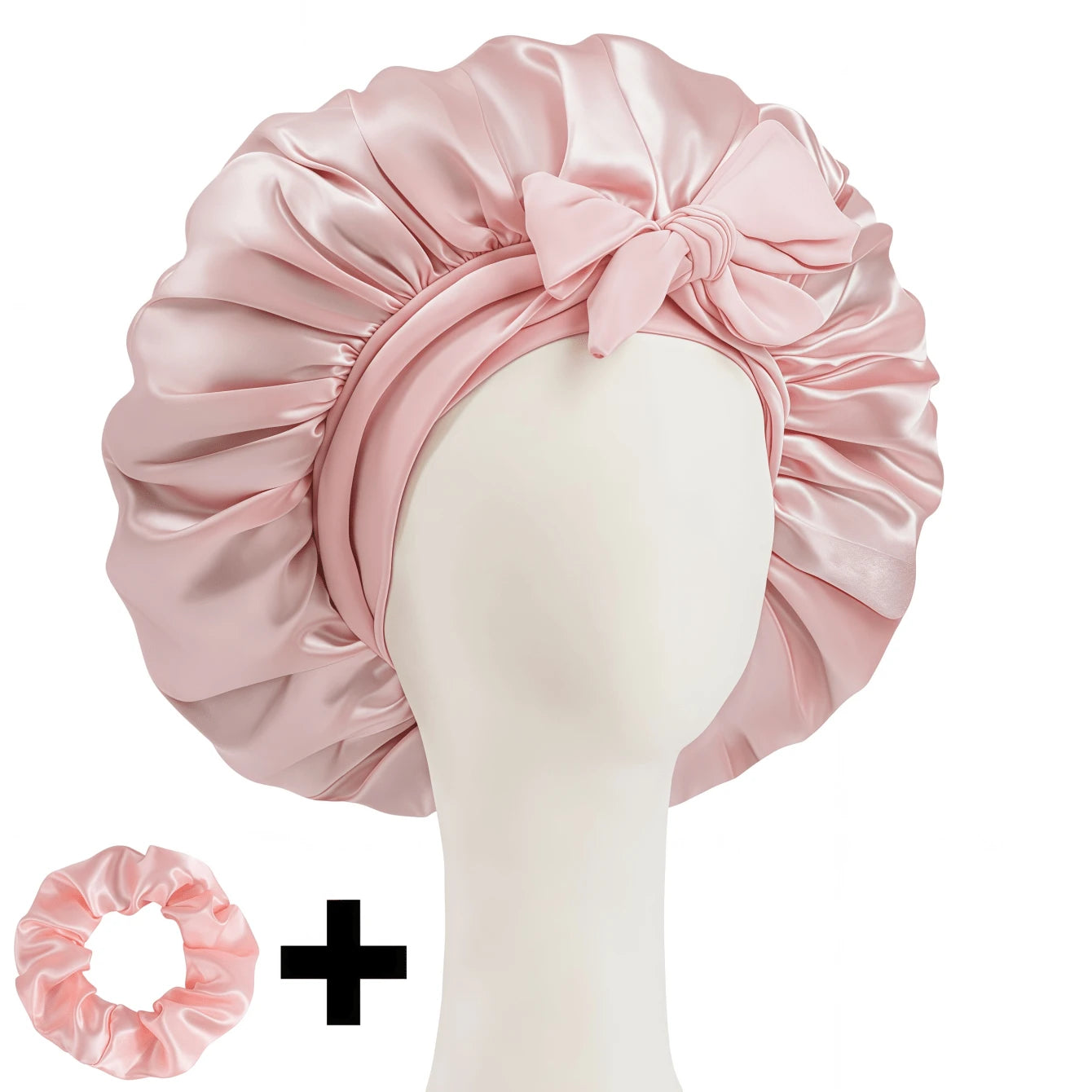 2pcs/Set "Spacious Space" Luxurious Solid Color Satin Bonnet With Satin Scrunchies Large Soft Silky Satin Bonnet For Sleeping Satin Hair Bonnet Night Cap Hair Care Hat With Tie Band Bonnets For Curly