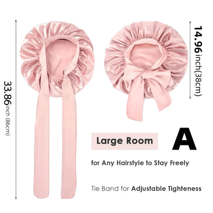 2pcs/Set "Spacious Space" Luxurious Solid Color Satin Bonnet With Satin Scrunchies Large Soft Silky Satin Bonnet For Sleeping Satin Hair Bonnet Night Cap Hair Care Hat With Tie Band Bonnets For Curly