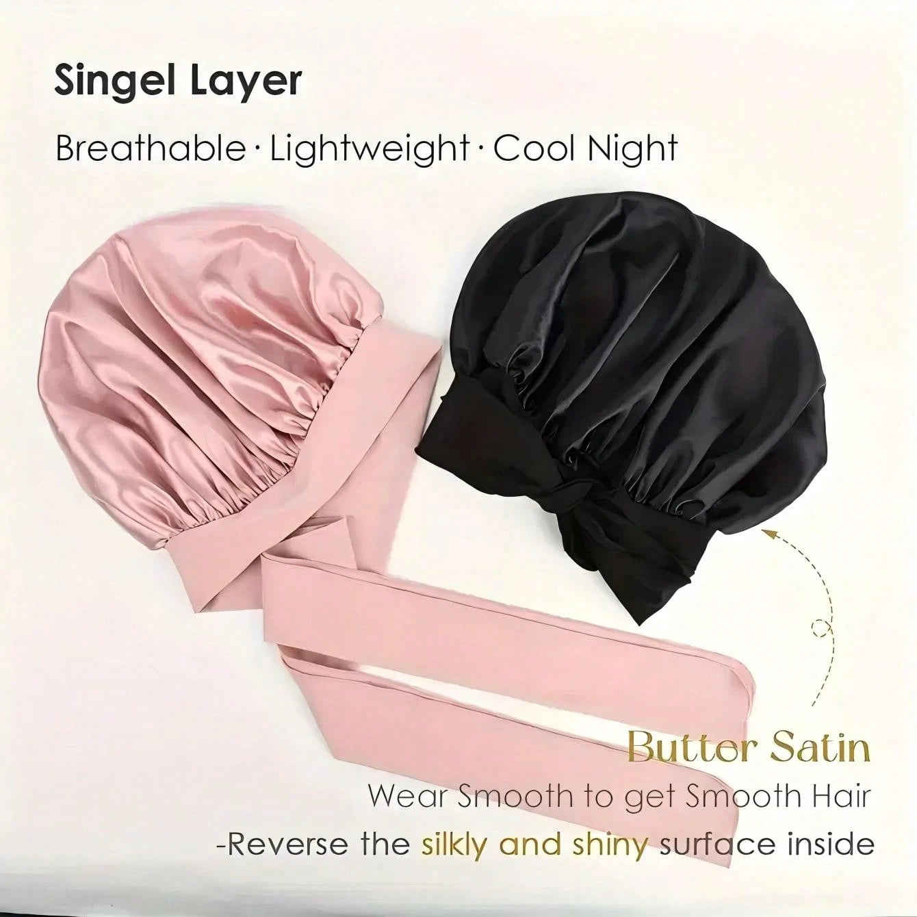 2pcs/Set "Spacious Space" Luxurious Solid Color Satin Bonnet With Satin Scrunchies Large Soft Silky Satin Bonnet For Sleeping Satin Hair Bonnet Night Cap Hair Care Hat With Tie Band Bonnets For Curly