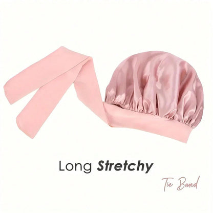 2pcs/Set "Spacious Space" Luxurious Solid Color Satin Bonnet With Satin Scrunchies Large Soft Silky Satin Bonnet For Sleeping Satin Hair Bonnet Night Cap Hair Care Hat With Tie Band Bonnets For Curly